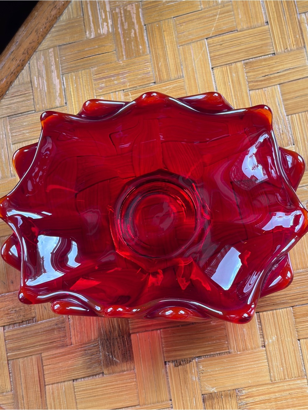 Beautiful vintage red art glass dish with a dramatic free-form sculptural shape.